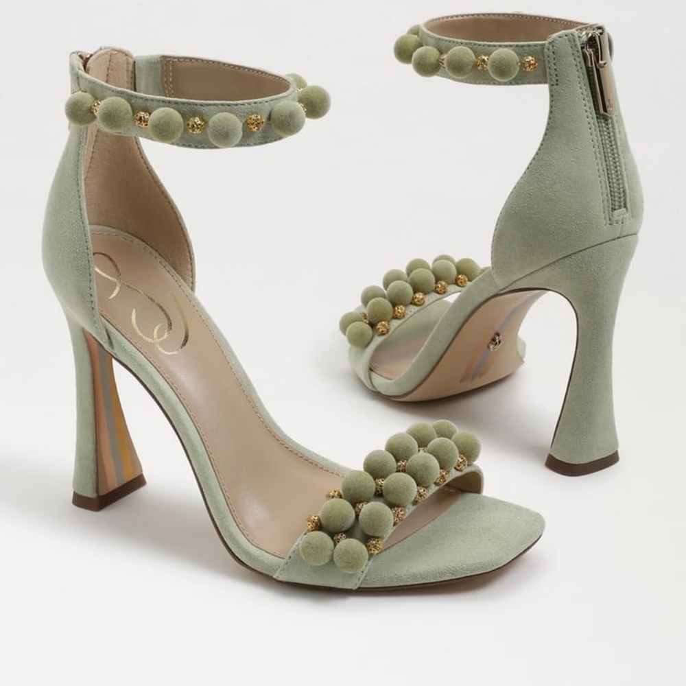 Pom-Pom Ankle Strap Heels - Sage Green